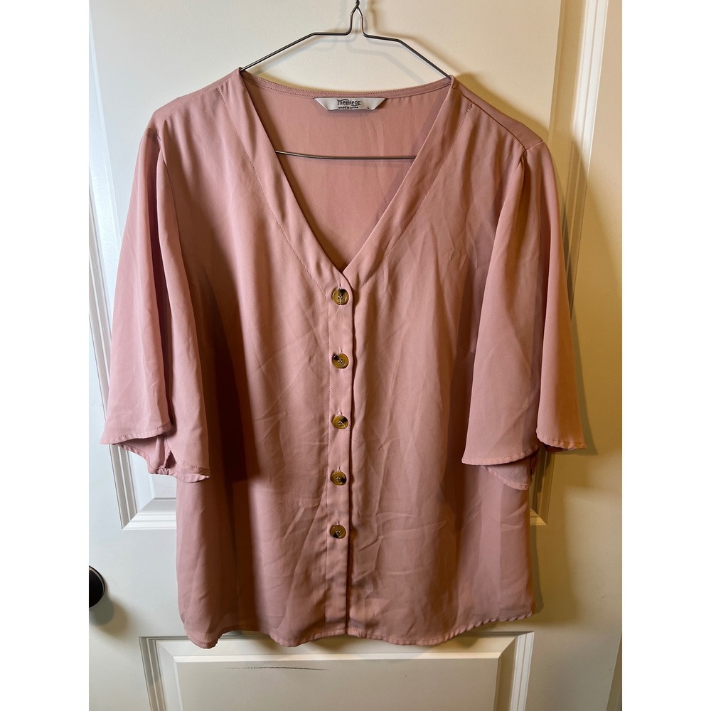 Meaneor Womens Blouse Button Front Flutter‎ Sleeve Pink Size L